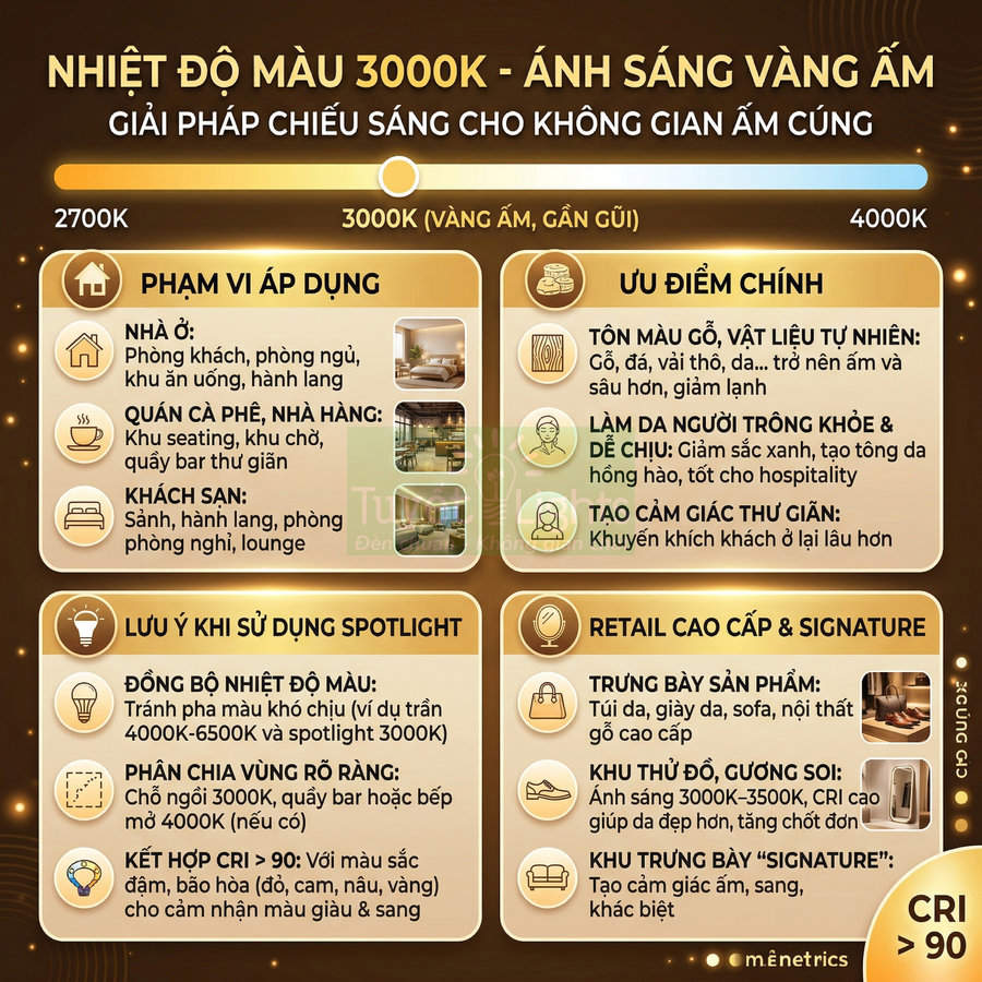Infographic giới thiệu ưu điểm và ứng dụng ánh sáng vàng ấm 3000K cho nhà ở, quán cà phê, khách sạn, retail